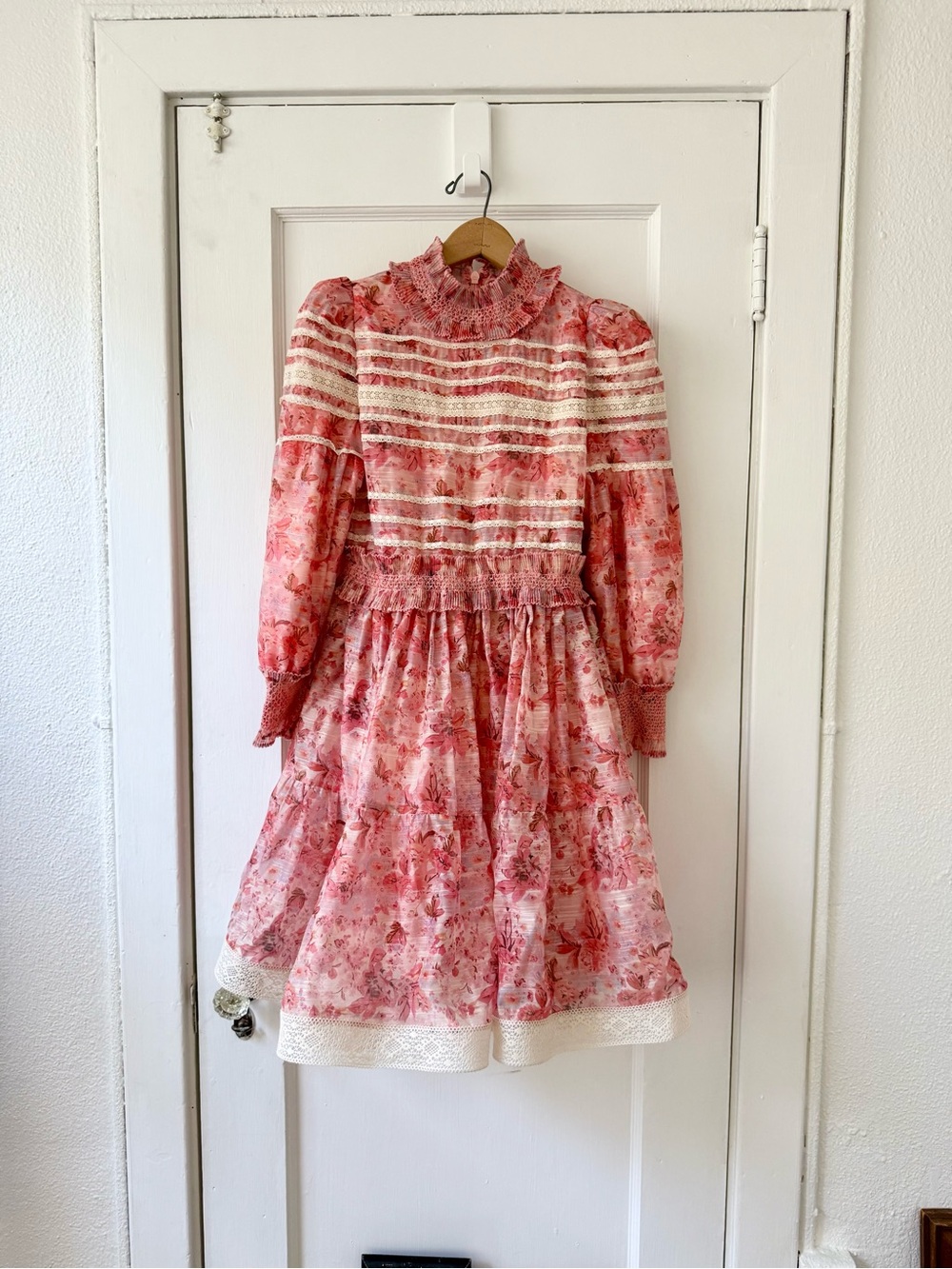 Ivy City Co Pink Floral Prairie Mini Dress High Neck Lace Trim Size 6